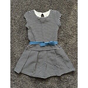 Gymboree Girls Navy White Striped Fit & Flare Dress S (5-6) Blue Bow